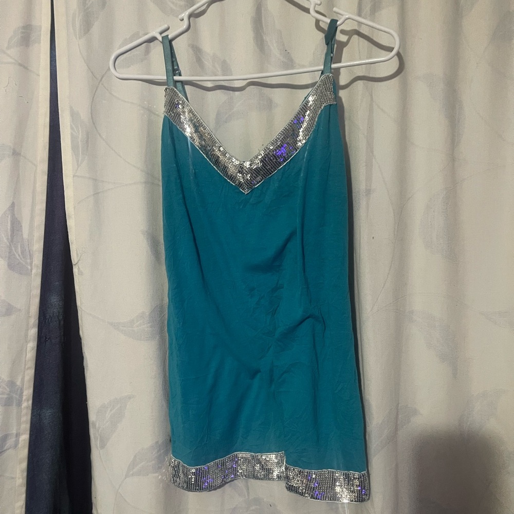 One Step Ahead Turquoise Cami with Silver Sequin Trim